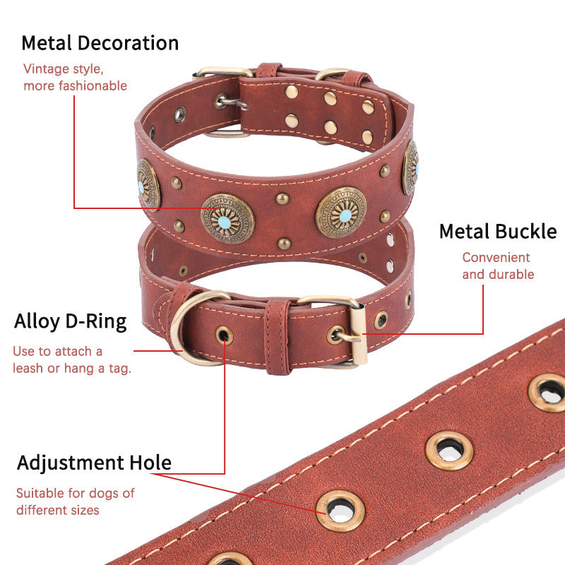 Ondaum High-End Retro Leather Collar for Medium and Large Dogs - Classic & Durable Dog Collar for All Seasons