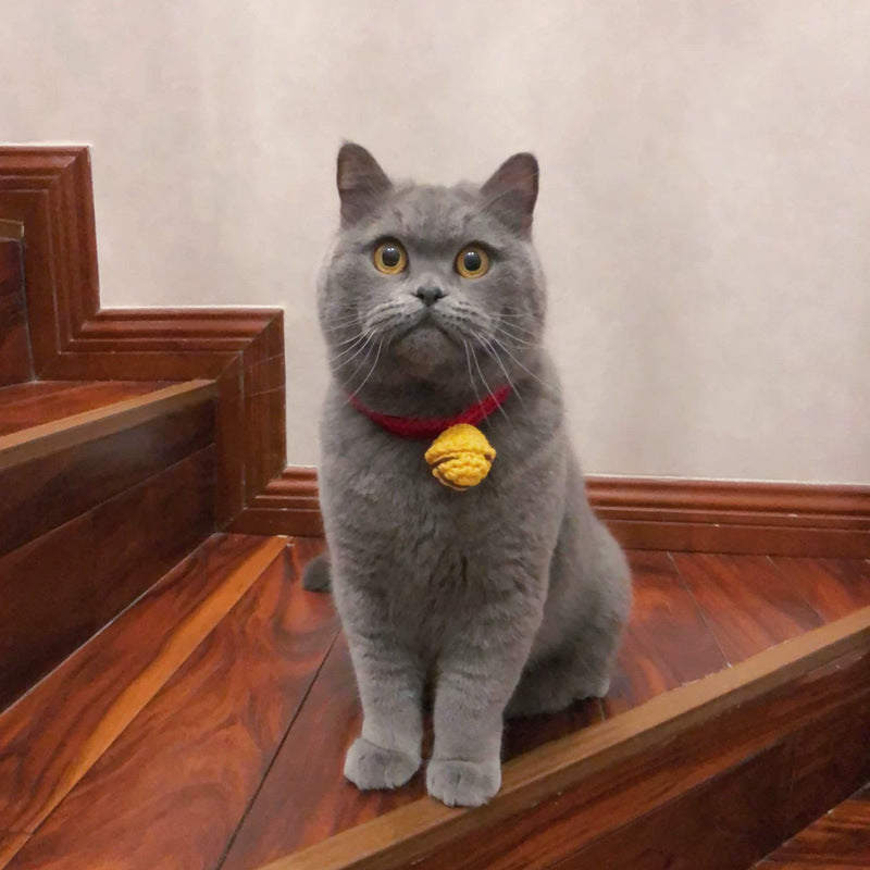 Adjustable Wool Cartoon Pet Collar – Red & Yellow | Festive Cat Collar for All Seasons