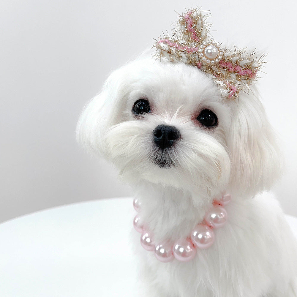 Ondaum Elegant Beige & Pink ABS Imitation Pearl Pet Collar and Leash Set for Dogs and Cats