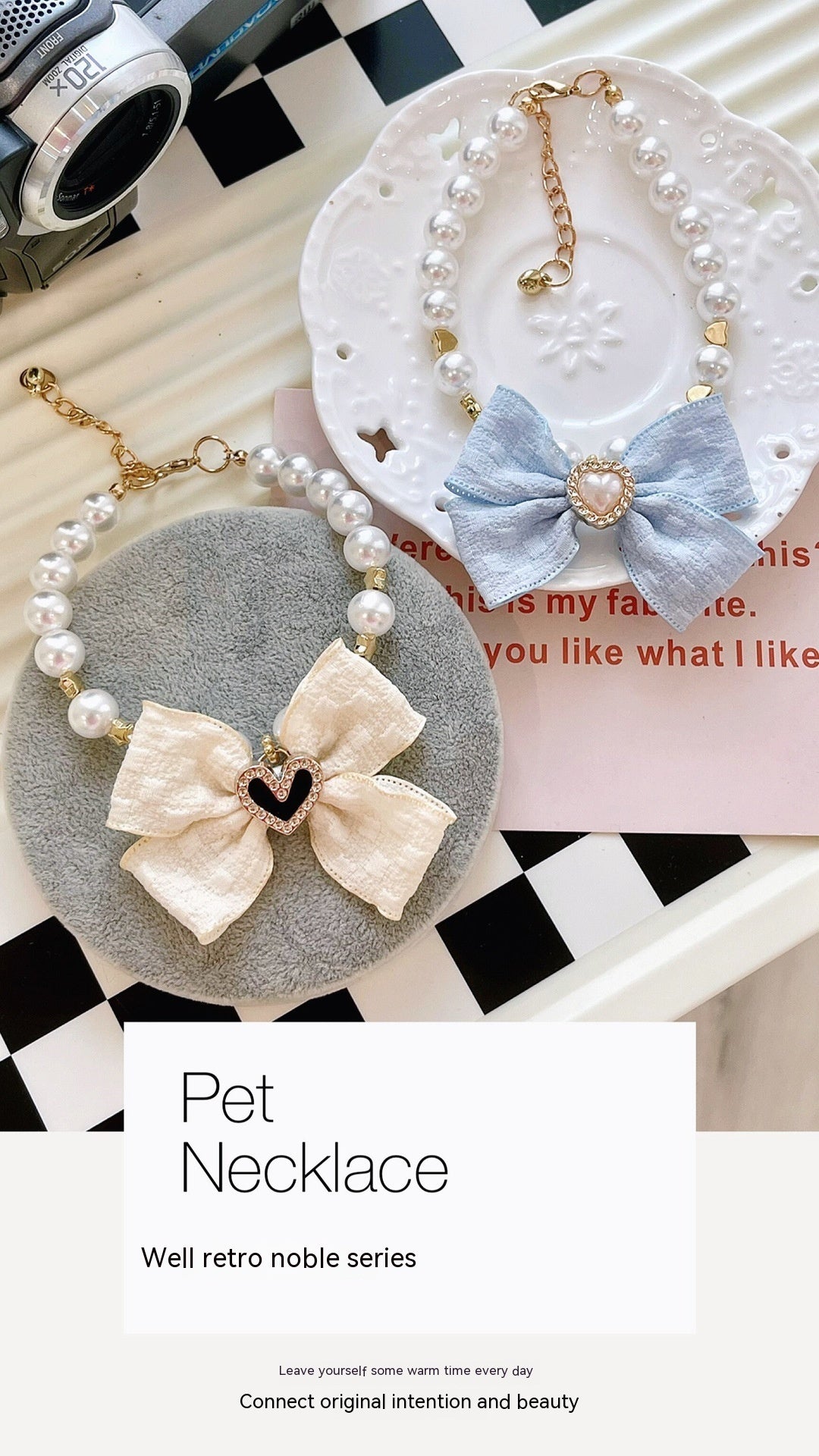 Ondaum Japanese Pet Necklace Pearl Collar Bow Jewelry - Elegant and Adjustable Pet Accessory for Style and Comfort