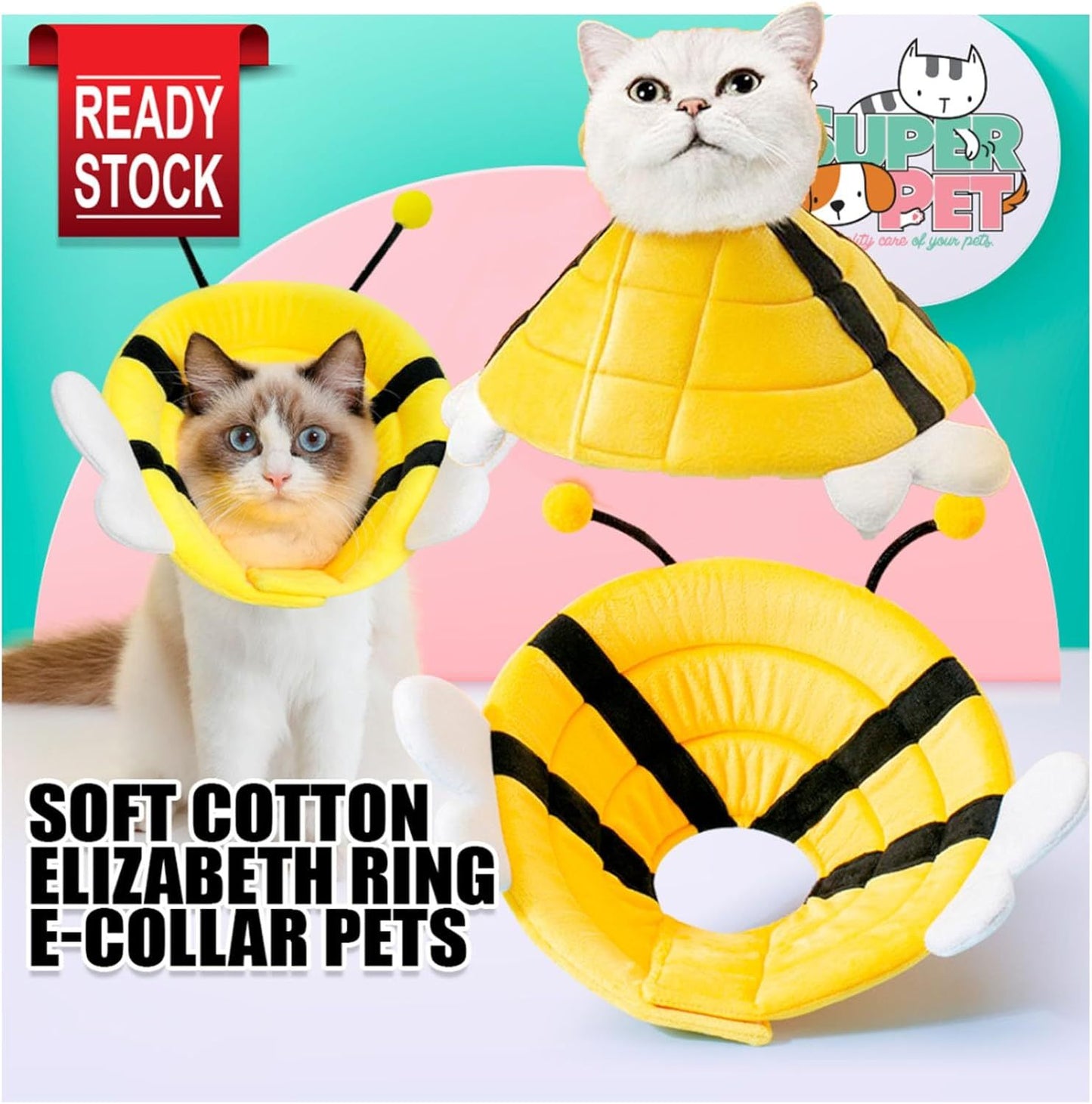 Ondaum Pet Soft and Breathable Cat Cone Collar - Cute Bee Design for Comfortable Recovery and Scratch Prevention