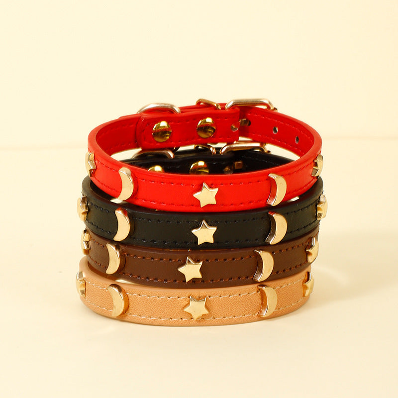 Ondaum Pet Collar Star Moon Simple Anti-Bite - Adjustable PU Leather, Four Seasons Suitable