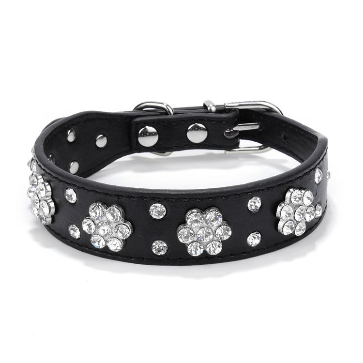 Ondaum Cute PU Leather Dog Collar - Rhinestone Flower Pattern Studded Collar for Small and Medium Dogs