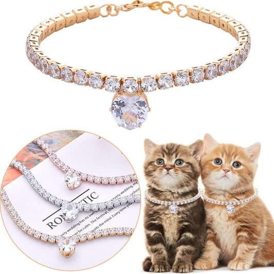Bling Rhinestones Heart-Shaped Cat and Dog Necklace - Elegant Pet Gem Necklace for Cats and Dogs - Sparkling Rhinestone Collar for Pets