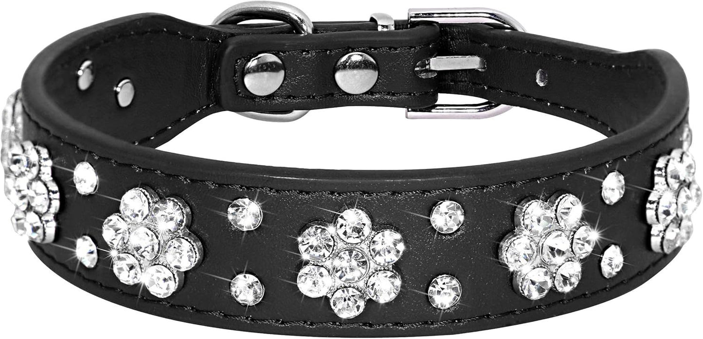 Ondaum Cute PU Leather Dog Collar - Rhinestone Flower Pattern Studded Collar for Small and Medium Dogs