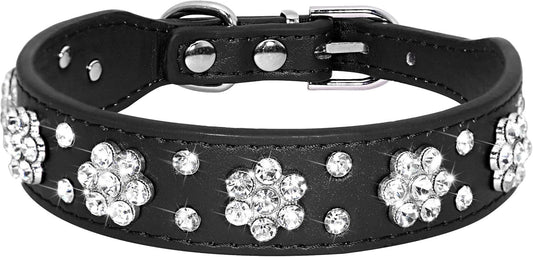 Ondaum Cute PU Leather Dog Collar - Rhinestone Flower Pattern Studded Collar for Small and Medium Dogs