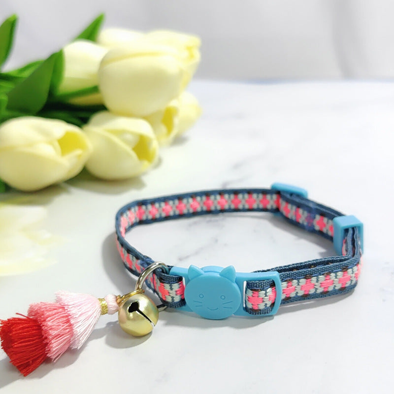 Ondaum Pet Anti-Suffocation Safety Buckle Cat Collar with Tassel Bell – Adjustable Anchor Chain Rope