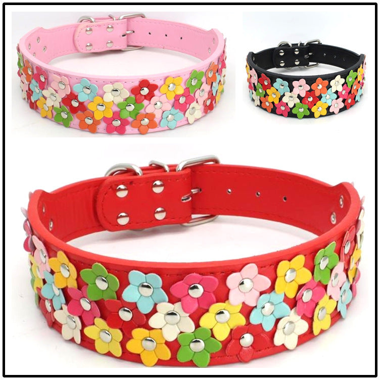 Pet Three Rows Of Flowers Large Dog Collar