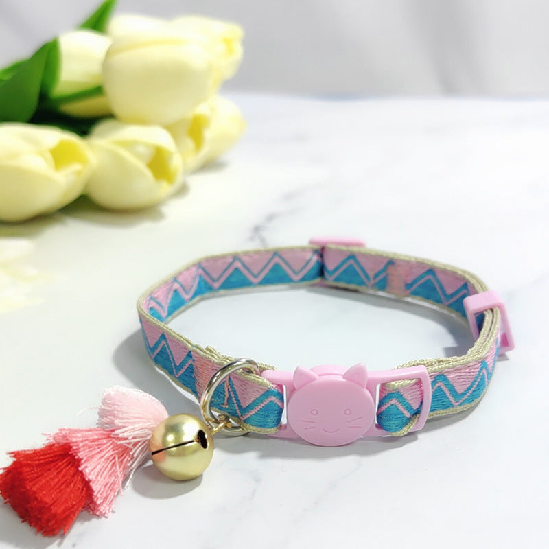 Ondaum Pet Anti-Suffocation Safety Buckle Cat Collar with Tassel Bell – Adjustable Anchor Chain Rope