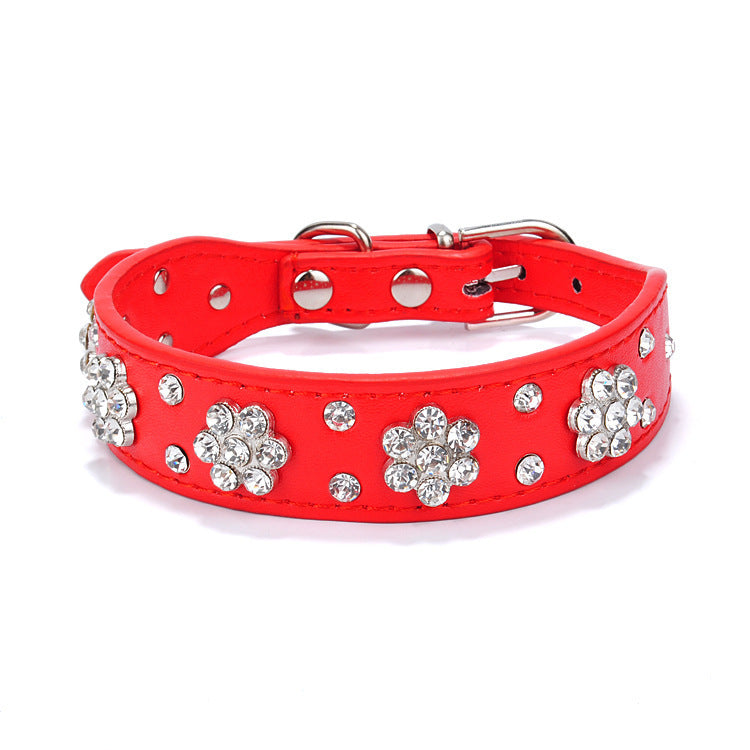Ondaum Cute PU Leather Dog Collar - Rhinestone Flower Pattern Studded Collar for Small and Medium Dogs