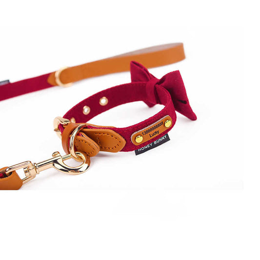 Ondaum Leather Bowknot Dog Collar with Hand Holding Rope – Stylish Pet Accessory with Alloy Details