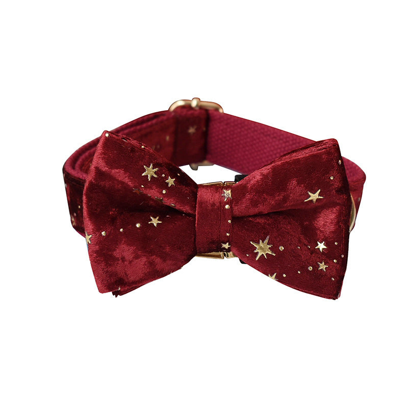 Pet Collar Bow Burgundy Star Flannel