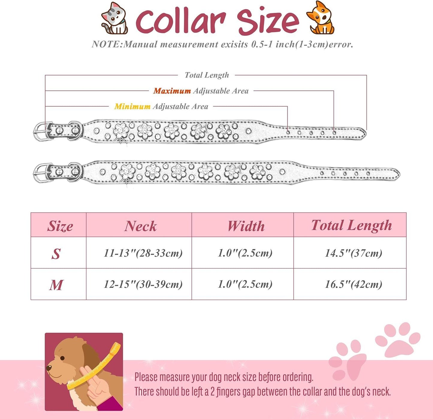 Ondaum Cute PU Leather Dog Collar - Rhinestone Flower Pattern Studded Collar for Small and Medium Dogs